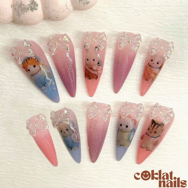 Calico Critters Press On Nails - Stiletto Nails - Nails - Cute Nails - Sylvanian - Rainbow Nails