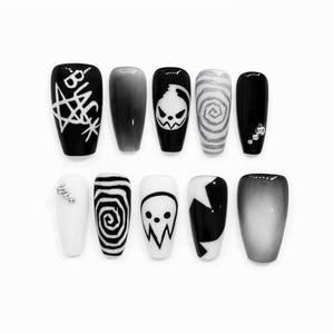 Faux ongles à coller, style gothique anime noir et blanc, forme amande, esthétique manga sombre, kit d'ongles tendance