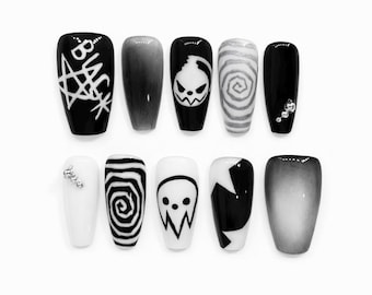 Black White Gothic Anime Inspired Press On Nails, Almond Shape, Dark Manga Aesthetic, Statement Nail Set