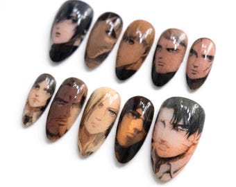 Anime Warrior Character Inspired Press On Nails, Almond Shape, Detailed Manga Nail Art, Battle Anime Aesthetic