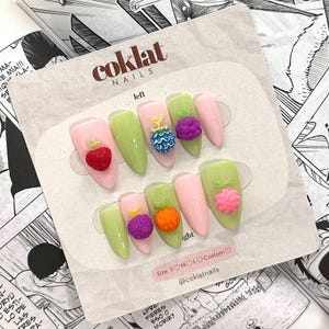 Devil Fruit Nails Pastel Mystic Fruit Inspired Press On Nails, Pink & Green Baby Colors, 3D Fruit Nail Art, Almond Shape, Kawaii Anime Nail