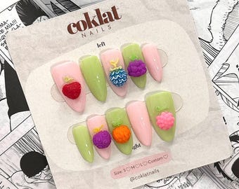 Devil Fruit Nails Pastel Mystic Fruit Inspired Press On Nails, Pink & Green Baby Colors, 3D Fruit Nail Art, Almond Shape, Kawaii Anime Nail