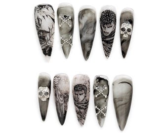 Dark Fantasy Anime Inspired Press On Nails, Black & White Gothic Nail Art, Stiletto Shape, Warrior Manga Aesthetic