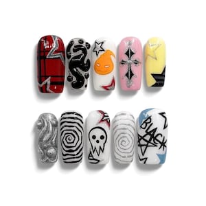 Y2K Gothic Anime Inspired Press On Nails, Long Square Shape, Character Inspired Nail Art, Alternative Manga Aesthetic