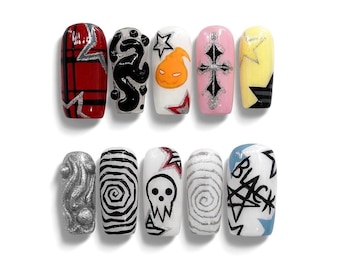 Y2K Gothic Anime Inspired Press On Nails, Long Square Shape, Character Inspired Nail Art, Alternative Manga Aesthetic
