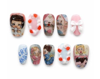 Pastel Cry Baby Inspired Press On Nails, Coffin Shape, Kawaii Doll Aesthetic, Cute Creepy Nail Art Statement Set