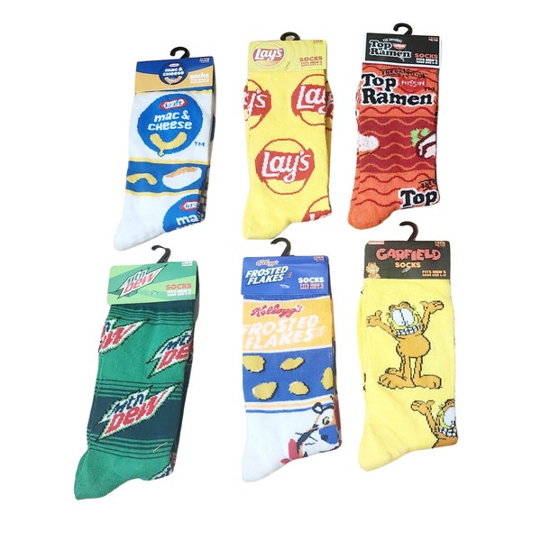 Novelty Socks Mac & Cheese Lay's Top Ramen Mtn Dew Frosted Flakes Garfield Gifts for Her Gifts for Him Gag Gift Favorite Snacks Soda Cartoon