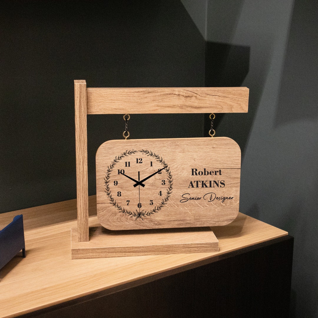 Customized Logo Desk Clock, Personalized Desk Clock, Rustic Desk Decor ...