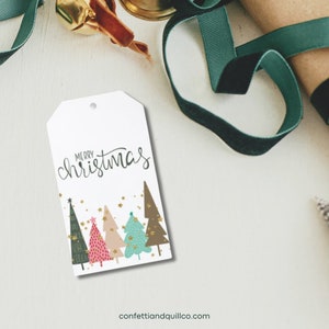 Etiquetas de regalo navideñas con árboles de mediados de siglo (juego de 10) / Etiquetas modernas para envolver regalos / Papel de regalo ecológico de boutique