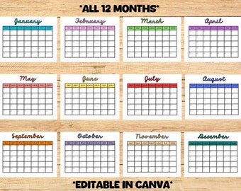 May include: A set of 12 printable calendar templates for each month of the year. The calendar templates are designed in a simple, minimalist style with colourful borders and a handwritten font. The text "*ALL 12 MONTHS*" appears at the top of the image and "*EDITABLE IN CANVA*" appears at the bottom.