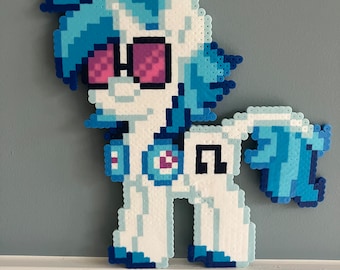 May include: A blue and white pixel art pony with pink glasses and a blue and white symbol on its chest. The pony is standing on a white surface.