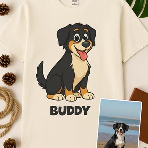 Custom Dog Shirt from Photo, Cartoon Pet T-Shirt with Name, Personalized Dog Lover Gift, Pet Photo to Drawing Tee, White Cotton Unisex Tee