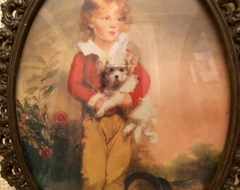 Small Boy W/ Dog Vtg Oval Print Italy