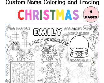 May include: A black and white Christmas-themed coloring and tracing activity sheet. The sheet includes the text "Custom Name Coloring and Tracing" and "CHRISTMAS" in colorful letters. It features various Christmas-related illustrations and activities, including a snow globe and a maze.