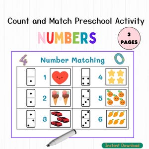 Actividad preescolar de contar y hacer coincidir, números imprimibles de coincidencia, actividades de números para niños pequeños, guardería de educación en el hogar, hoja de trabajo de libro ocupado, matemáticas.