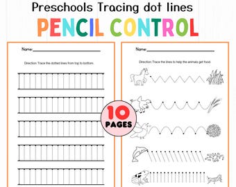 Puede incluir: Una hoja de actividades preescolares imprimible con el texto "Preschools Tracing dot lines PENCIL CONTROL". La hoja incluye ejercicios de trazado con líneas de puntos y trazado de líneas con temas de animales. Las palabras "10 PAGES" están en un círculo rojo.