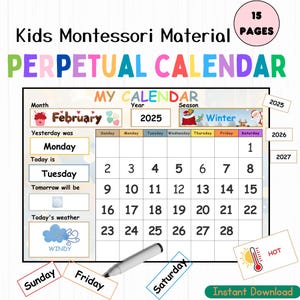 Perpetual Calendar, Kids Calendar Printable Classroom Calendar Board, Preschool Curriculum Montessori Materials, Homeschool Wall Calendar