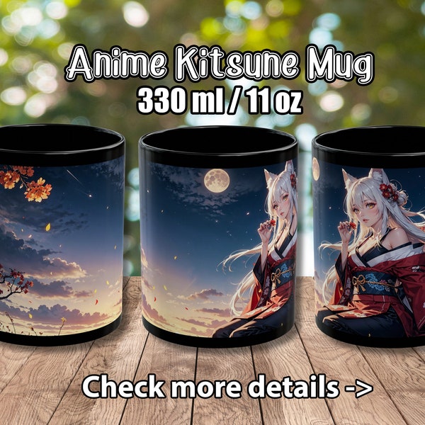 Anime Kitsune Girl Black Mug (11oz | 330 ml), Fantasy art, Aesthetical coffee cup, Gift for him, gift for her, Anime Lover gift, Otaku gift