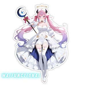 Op de afbeelding: Een sticker met een anime-achtig personage met roze haar en een witte jurk. Het personage houdt een staf vast met een maan- en sterontwerp. De tekst "WAIFUNCTIONAL" staat onderaan.
