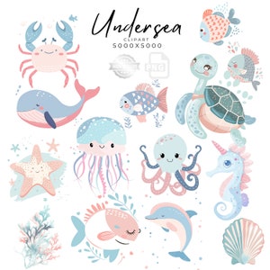 Unterwasser-Aquarell-Clipart-Bundle – Kinderzimmer-Dekoration, Baby-Ozean-Kunst, süße Meerestiere PNG, Babyparty, Oktopus, Qualle, Wal, Seepferdchen