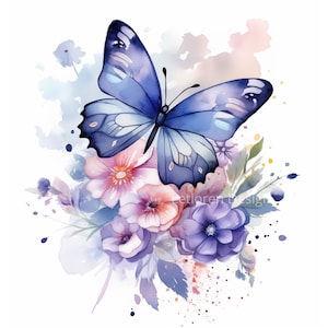 Lovely Butterfly with flowers Clipart Bundle - Purple, 13 High Quality JPGs, Digital Downloads, Commercial Use, Watercolor, Media