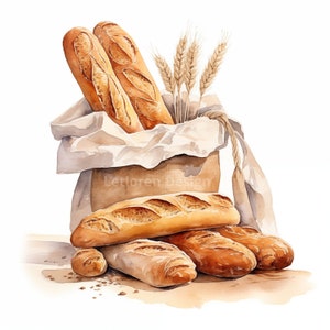Baguettes rustiques et pain dans un sac Clipart Bundle, 15 JPG aquarelle de haute qualité, artisanat, journalisation indésirable, scrapbooking, utilisation commerciale