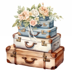 Vintage suitcase with flowers watercolor clipart bundle, Antique luggage, Vintage Travel illustration, Travel essentials Art