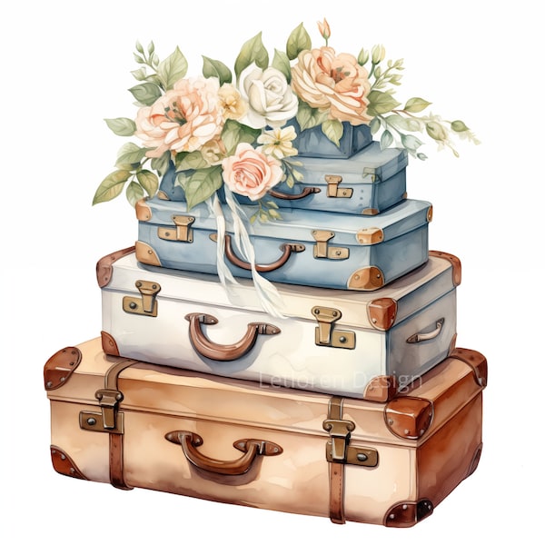 Vintage suitcase with flowers watercolor clipart bundle, Antique luggage, Vintage Travel illustration, Travel essentials Art