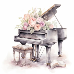 13 Floral Grand Piano Clipart, Printable Watercolor clipart, High Quality JPGs, Digital download, High Resolution, Paper craft imatge 9