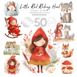 Cappuccetto rosso bundle clipart, acquerello di cappuccetto rosso, c'era una volta, clipart lupo, per la creazione di carte, diario, uso commerciale