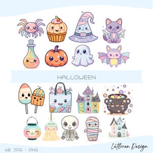 48 Kawaii Halloween Clipart Bundle | Cute Pumpkins, Ghosts, Bats, and More | Kids Party Decorations, Crafts, Cards, planner