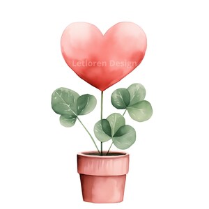 Pianta con cuore Set di acquerelli, 12 PNG trasparenti, Alta risoluzione, Pacchetto San Valentino, Set San Valentino, Uso commerciale, Mix media