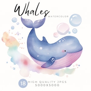 Arte dell'acquerello di vivaio di balene, pacchetto di clipart di balene, 18 JPG di alta qualità - Uso commerciale, Acquerello, Supporti misti, Mestiere di carta digitale