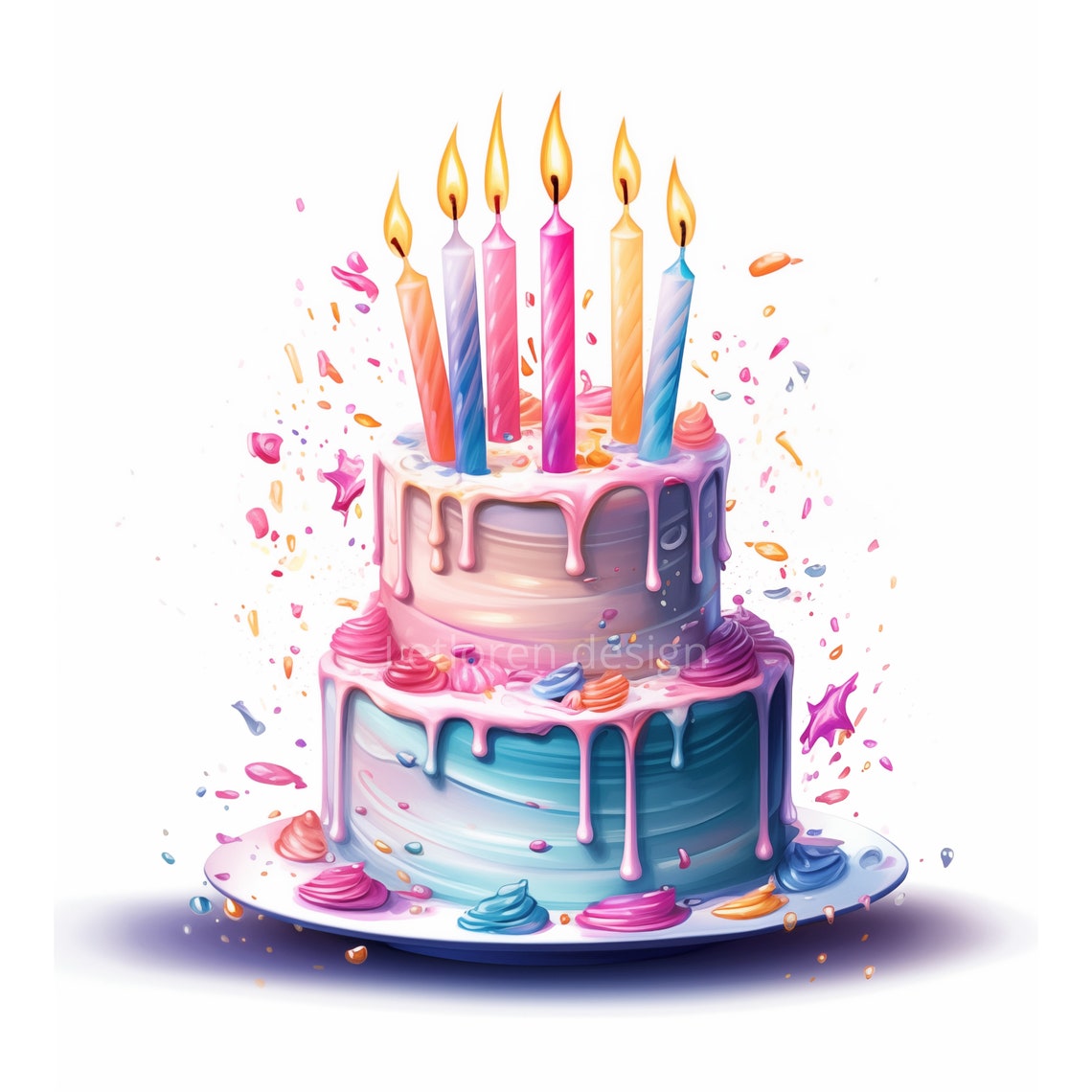 Floral Birthday Cake With Candles And Pastel Decorations. Stock Photo - Image Of Anniversary