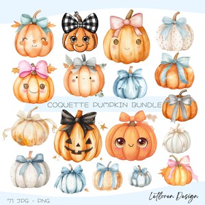 Coquette Pumpkin Clipart Bundle, 71 Fall & Halloween Pumpkins met bogen, JPG en PNG, schattige herfstdecoraties, voor sublimatie, kaarten, schroot