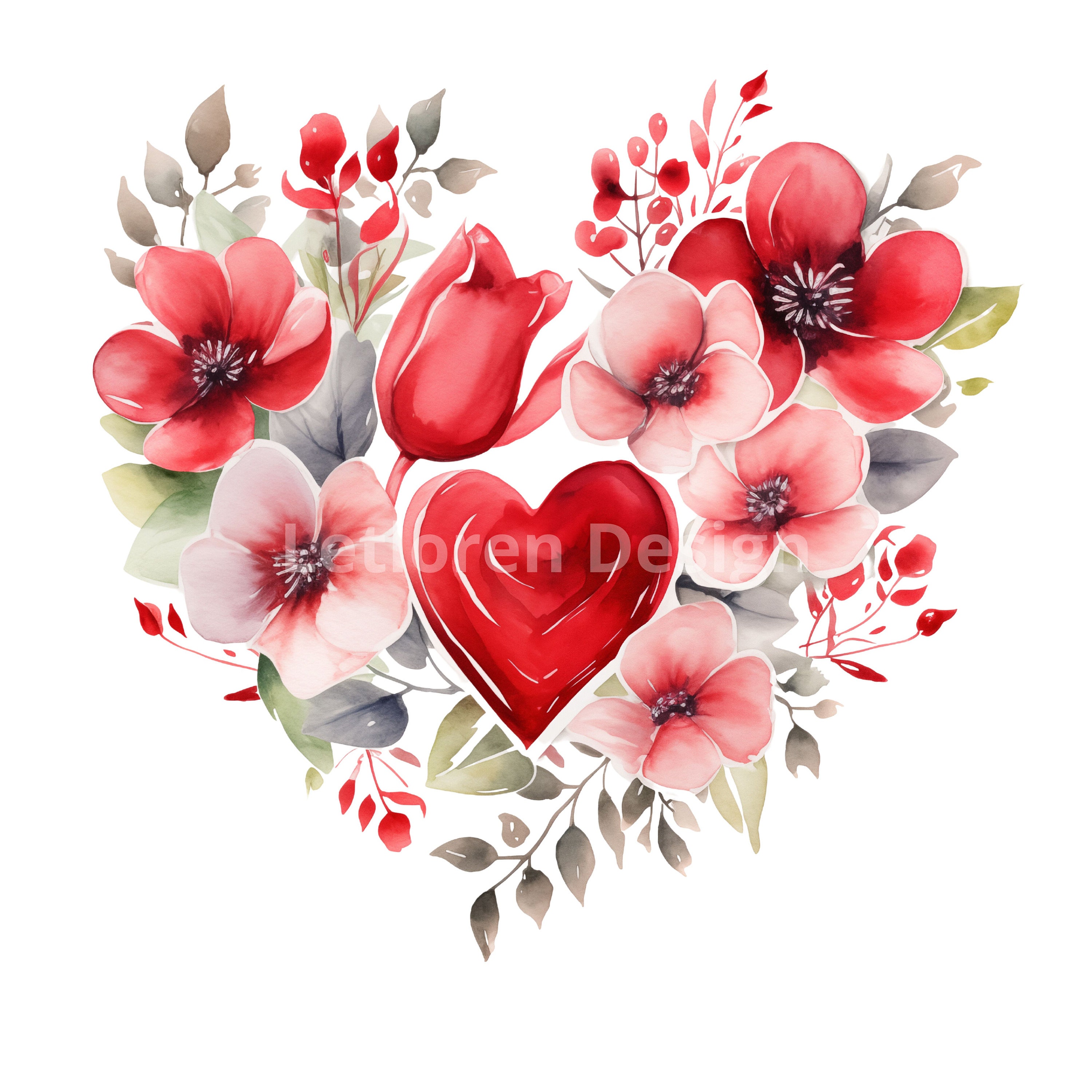 Watercolor Heart Flowers Clipart, 9 High Quality Heart Flowers Pngs ...