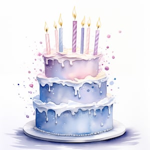 Pastel Birthday Cake Clipart Bundle, 10 JPG de haute qualité, aquarelle d’anniversaire pastel, Joyeux anniversaire, Fabrication de cartes, Birthday Cake Clipart