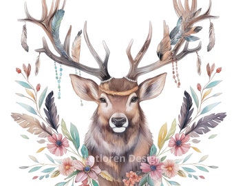 Wild boody stag with feathers and flowers, Deer Clipart, Watercolor Stag Clipart, 11 high quality PNGs, Digital Planner, Card making