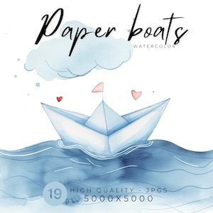 Set di barchette di carta per acquerello. Decorazione da parete per barche di carta minimalista stampabile, clipart di barche di carta, origami di barche di carta, arte della parete, per realizzare cartoline
