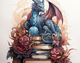 Watercolor Dragon guarding books Clipart, 13 High Quality Watercolor Dragon Books JPG, For Card Making, Mixed Media, Digital Paper Craft