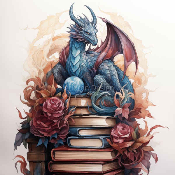 Watercolor Dragon guarding books Clipart, 13 High Quality Watercolor Dragon Books JPG, For Card Making, Mixed Media, Digital Paper Craft