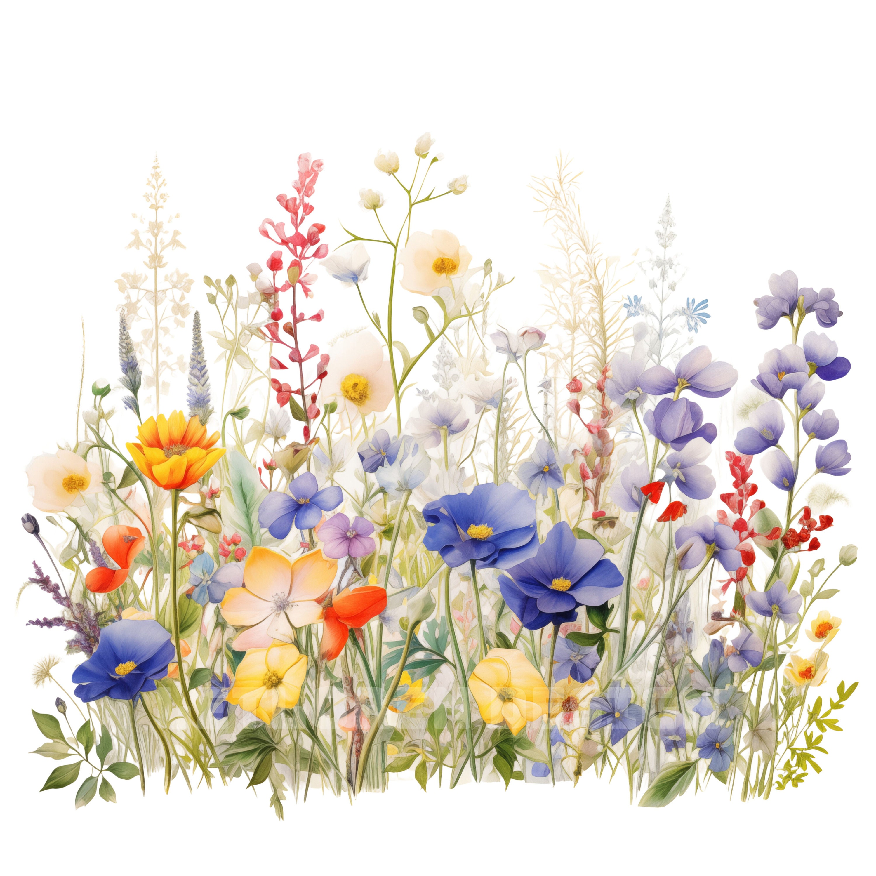 Wildflower Flowerbed Clipart, Wild Flowers, Printable Watercolor