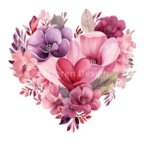 Clipart di fiori cuore acquerello, 9 PNG di fiori cuore di alta qualità, pacchetto di fiori cuore, per la creazione di cartoline, supporti misti, artigianato con carta digitale