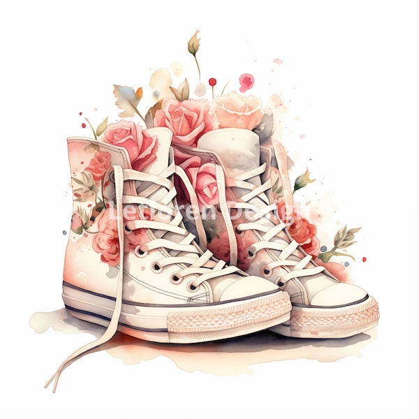 Converse Clipart, 10 Chuck All Star Sneakers, Watercolor Trainers, Fashion PNG, sneaker with flower, Commercial use, mix media, scrapbook