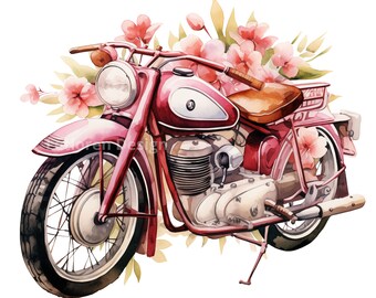 Watercolor Motorcycle With Floral Emblems, Set of 13 High