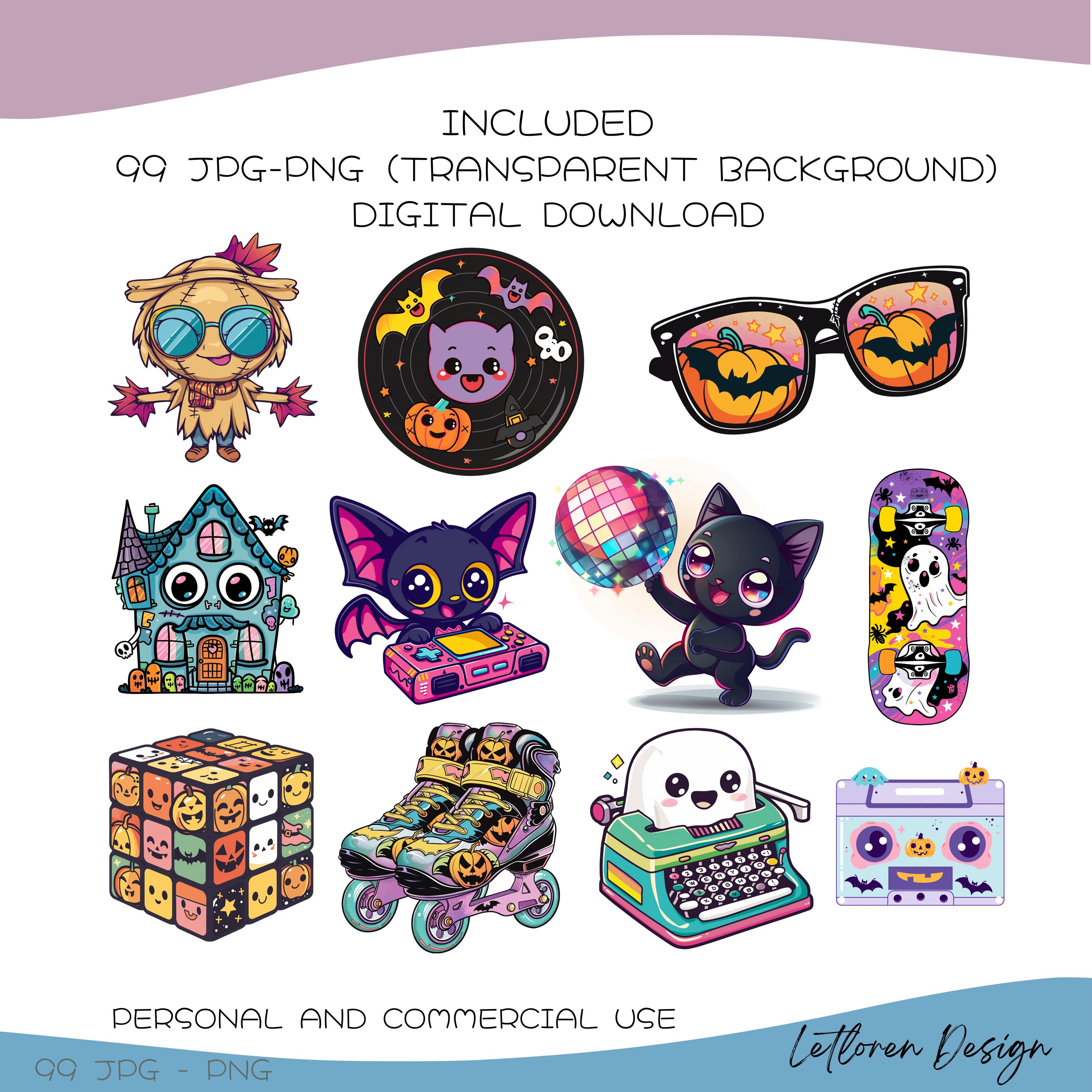 Retro Halloween Clipart Bundle | 99 Kawaii Cute PNG & JPG | Ghosts ...