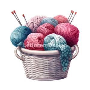 Panier aquarelle avec clipart de fil, 14 fichiers PNG de haute qualité, panier à tricoter, images de panier, utilisation commerciale, journal indésirable, scrapbook