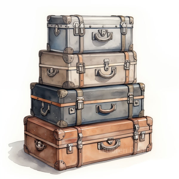 Watercolor vintage suitcase clipart, 12 high quality JPEG files, Travel bag clip art, Retro illustration, Printable graphics, Travel Art