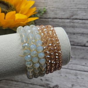 White Champagne Glass Bead Bracelet, Stack of 7 Stretch Bracelets, Gift for Her, Gift for Mom, Summer Jewelry, Jewelry Gift, Neutral Jewelry