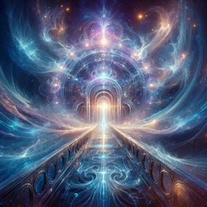 May include: A glowing, ethereal gateway with a shimmering path leading to a bright light. The gateway is surrounded by swirling clouds of blue, purple, and white light, and the path is lined with ornate railings. The scene is reminiscent of a celestial or spiritual realm.